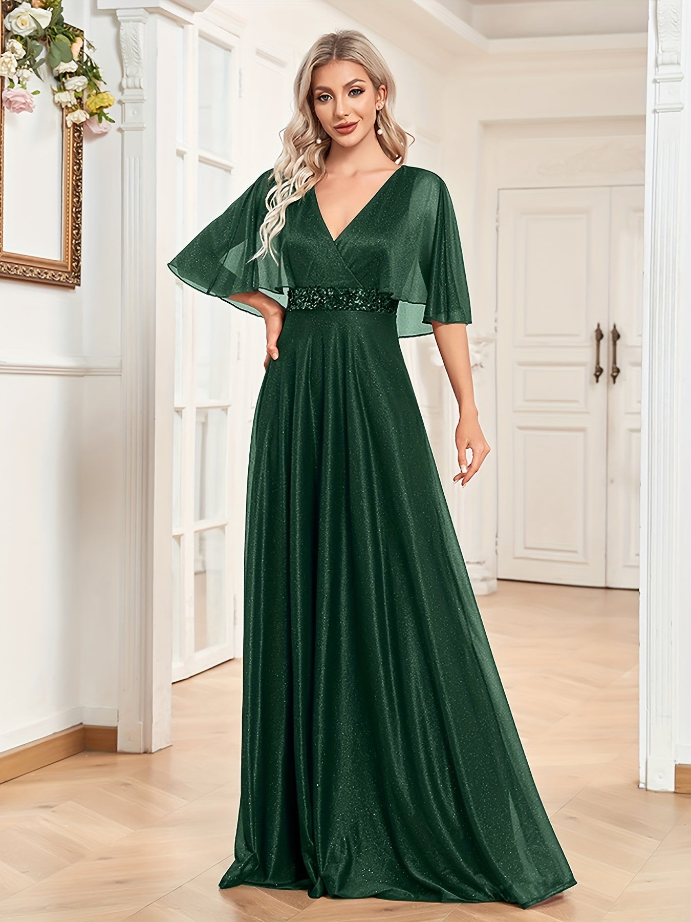 Sequin Bridesmaid Dress Cape Sleeve Surplice Neck