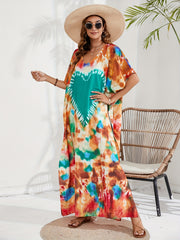  Boho Cover Up Tie Dye Heart Pattern V Neck Maxi Beach Cover Up