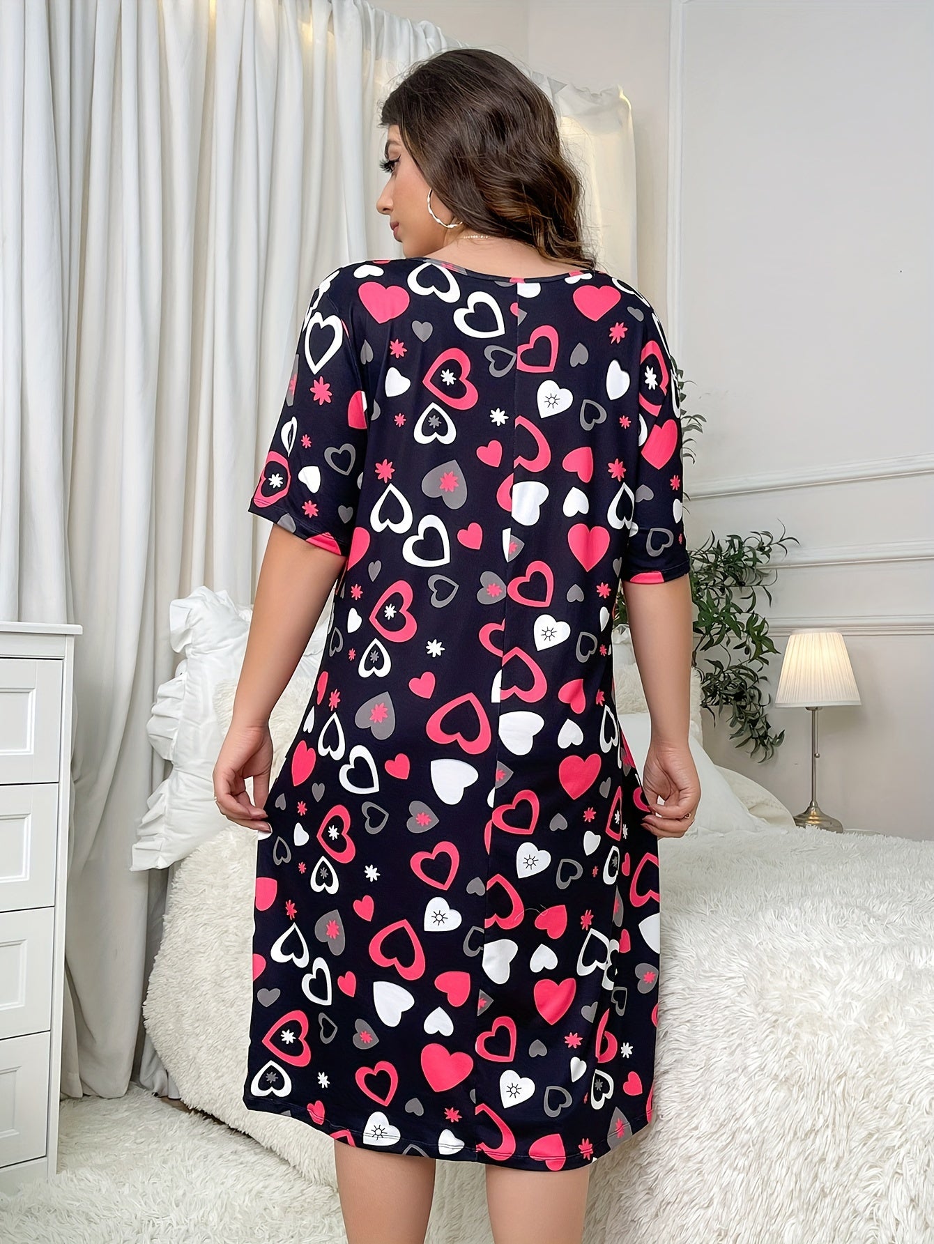  Heart Print Stretchy Sleep Dress
