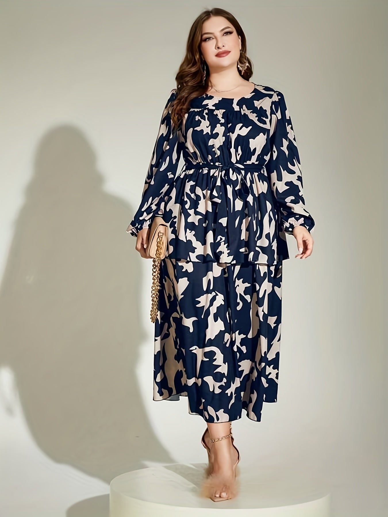 Casual Lantern Sleeve Layered Dress With Belt