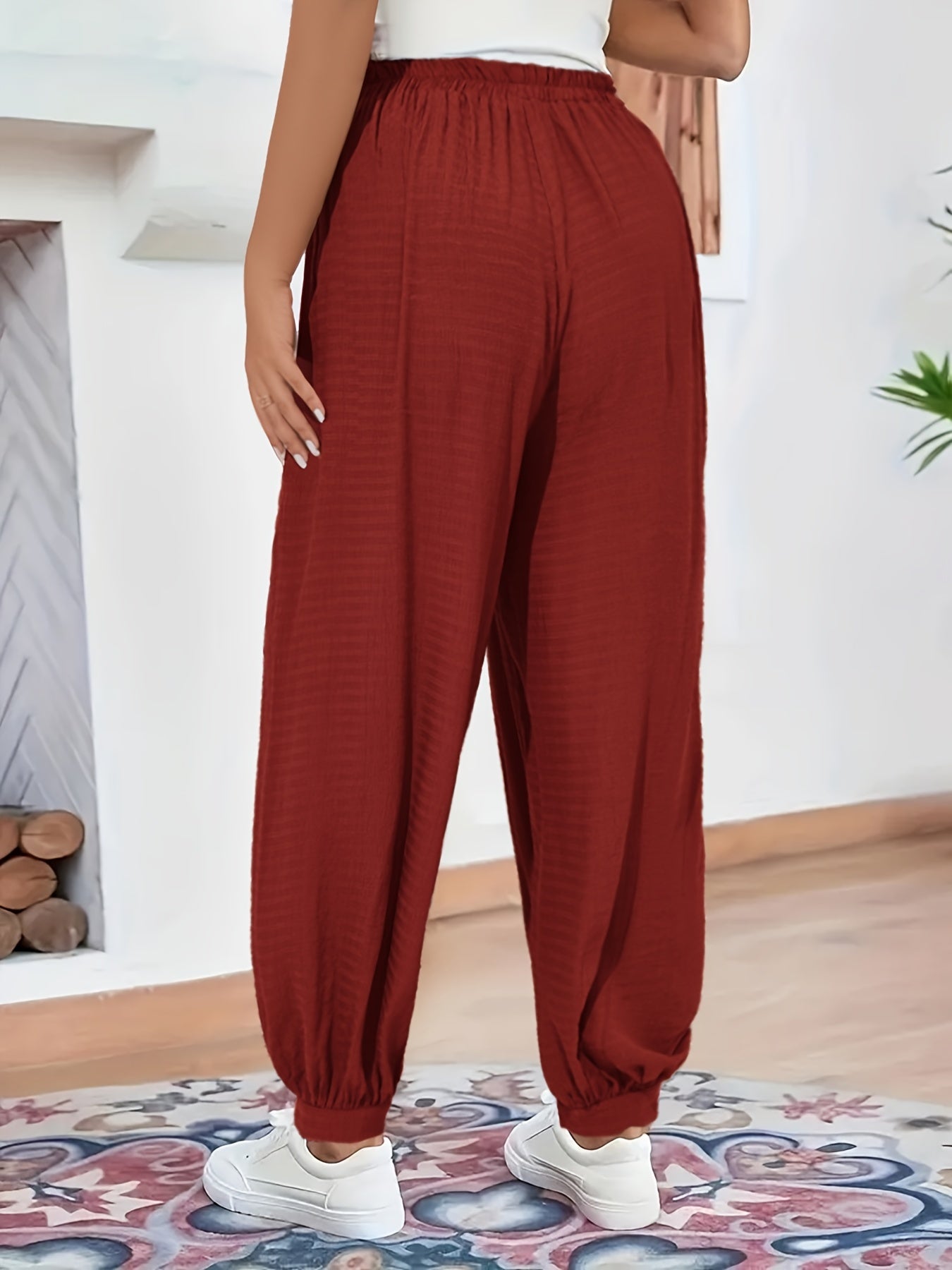  Solid Elastic High Rise Lantern Trousers