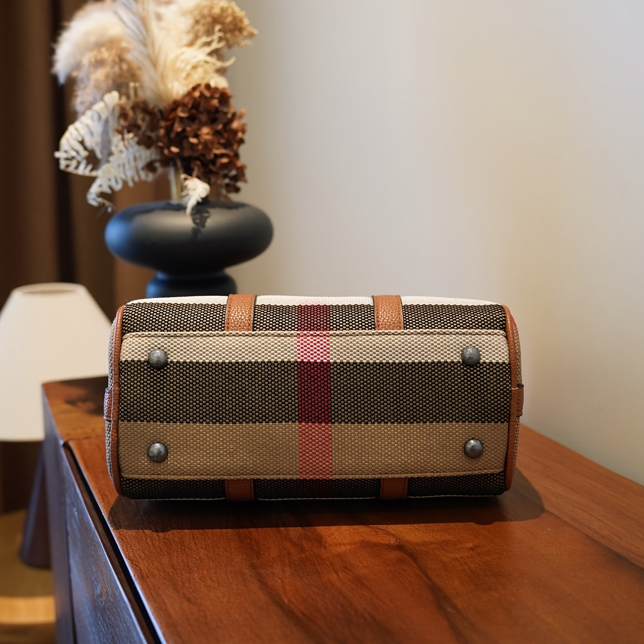 Striped Boston Pillow Handbag Light Brown with Red Accents