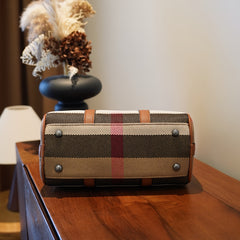 Striped Boston Pillow Handbag Light Brown with Red Accents