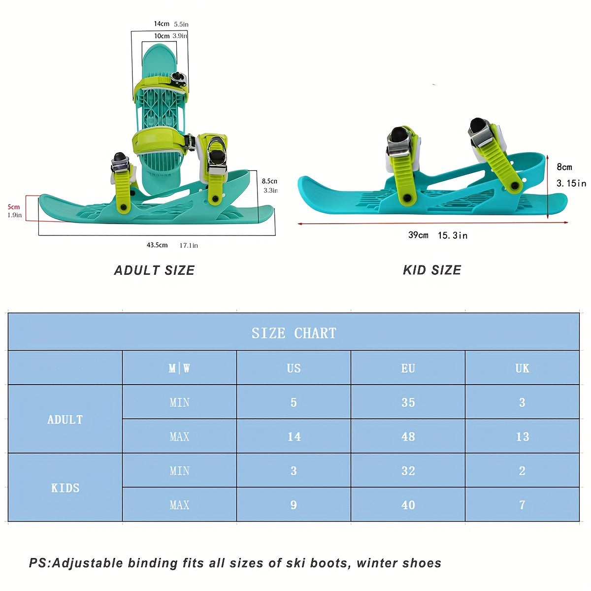 Mini Short Ski Skates For Snow Adjustable Winter Ski Shoes