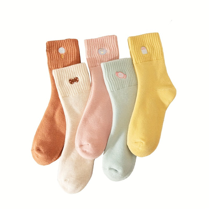 5 Pairs Cartoon Embroidery Socks Comfy Women's Stockings