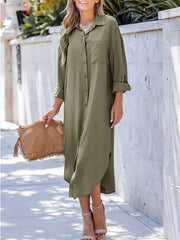  Solid Button Up Sleeve Shirt Dress