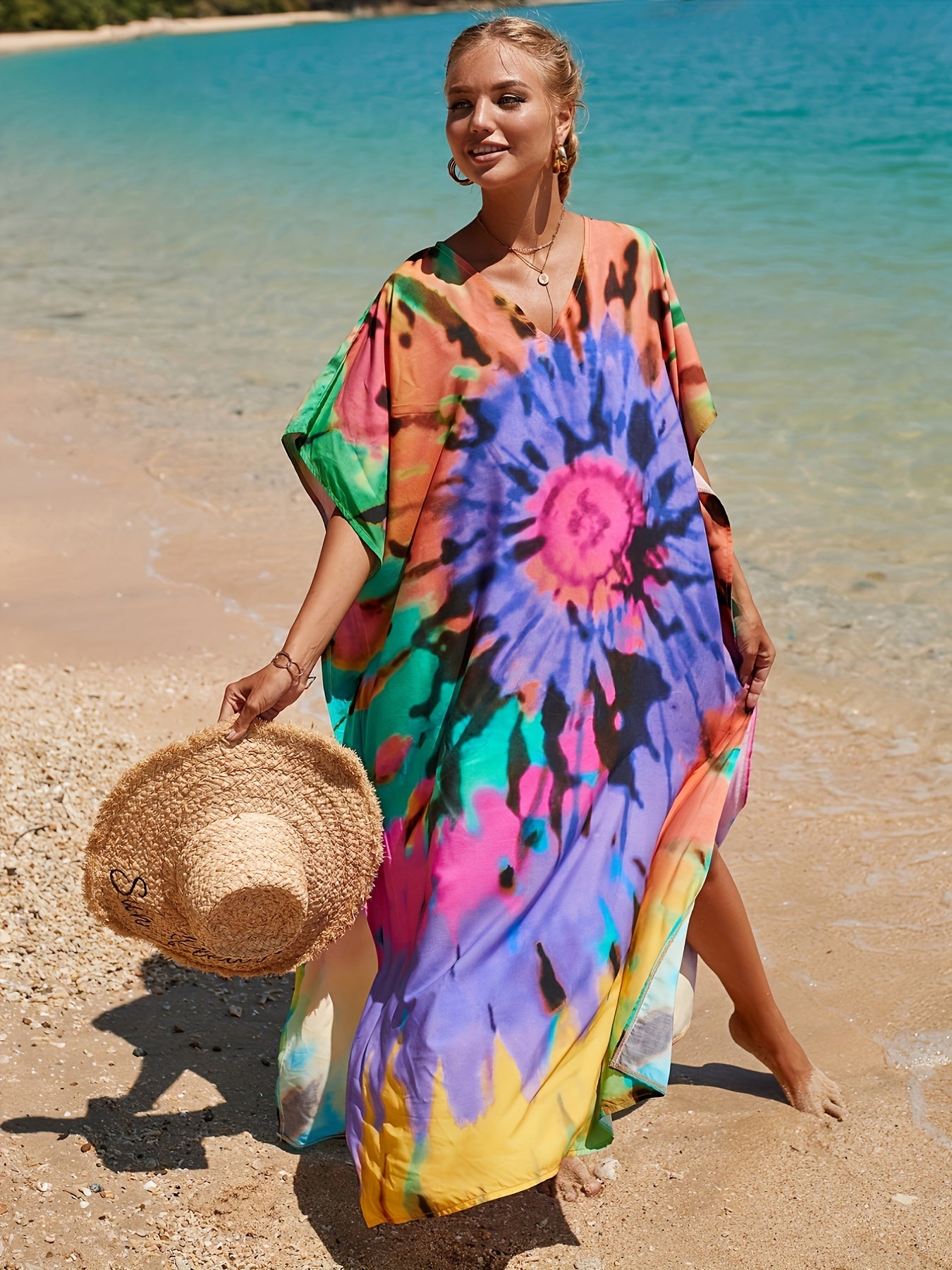  Tie Dye Bat Sleeve Cover Up Dress