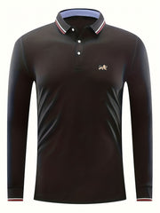 Lion Print Men's Polo Shirt Long Sleeve Lightweight Top