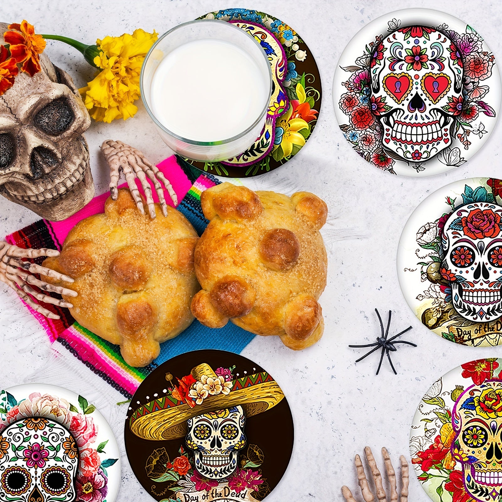 8pcs Mexican Skull Diamond Painting Holder DIY Halloween Skeleton Coaster