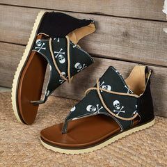 Skull Pattern Zipper Back Thong Sandals Open Toe Summer Flat Shoes