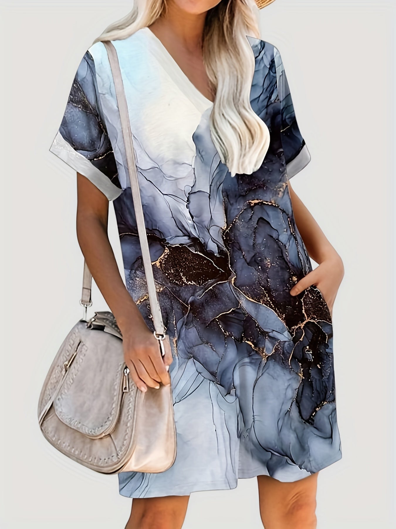  Floral Print Short Sleeve V Neck Dress