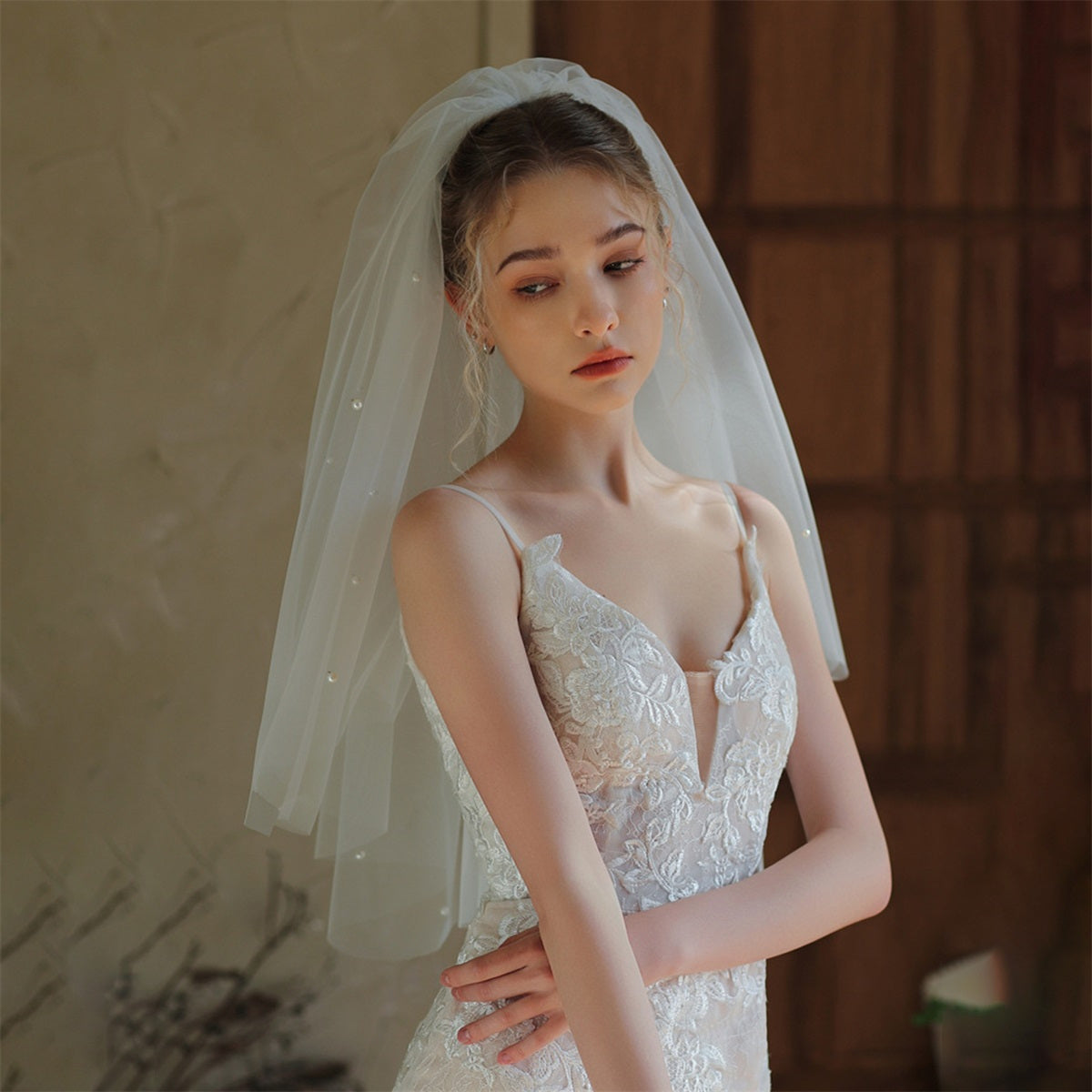 Sheer Lace Wedding Veil with Tulle Train & Headpiece