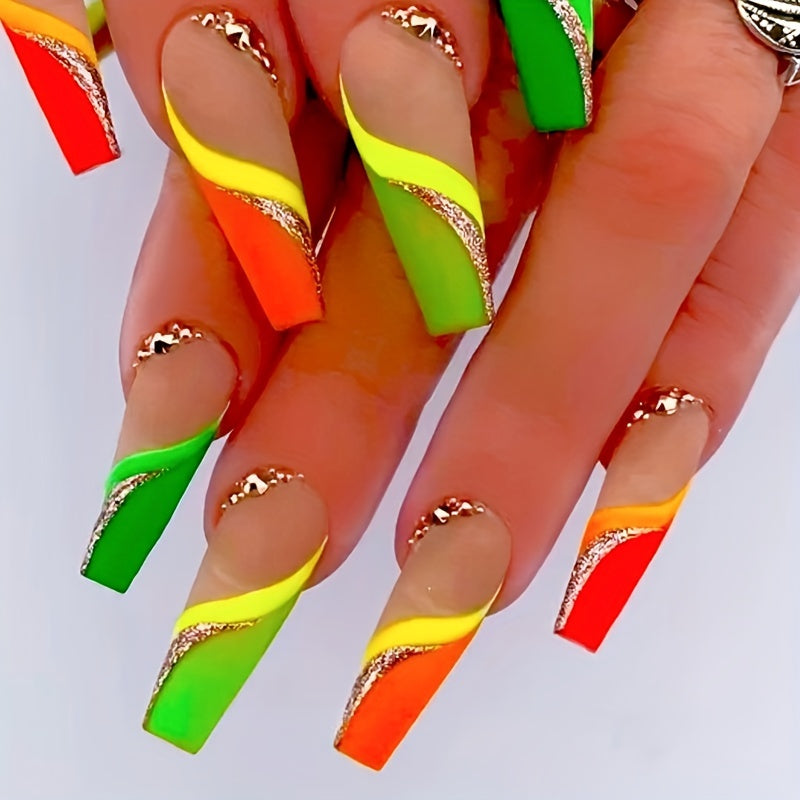 24 pcs Colorful Coffin Press On Nails with Rhinestones and Glitter