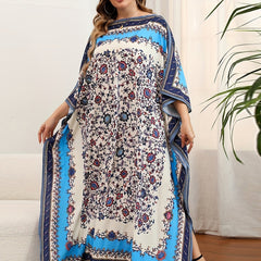  Boho Cover Up Dress Women's Plus Colorblock Floral Print Bat Sleeve V