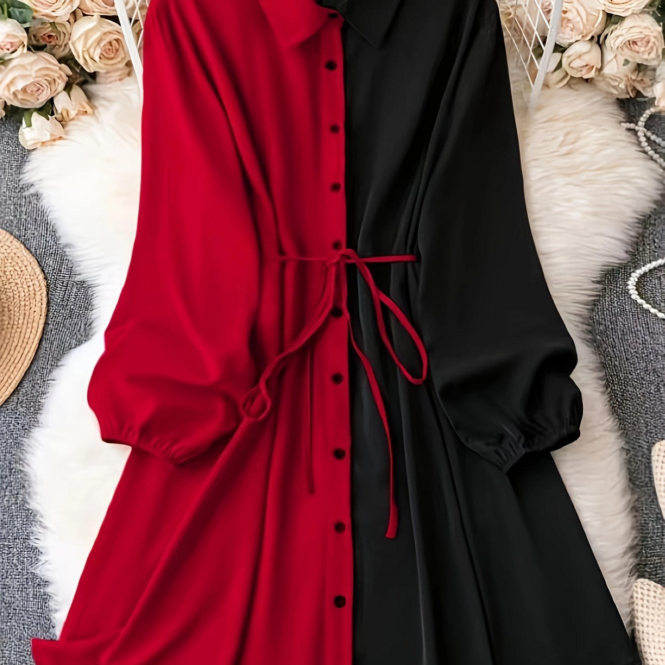  Colorblock Lantern Sleeve Shirt Dress