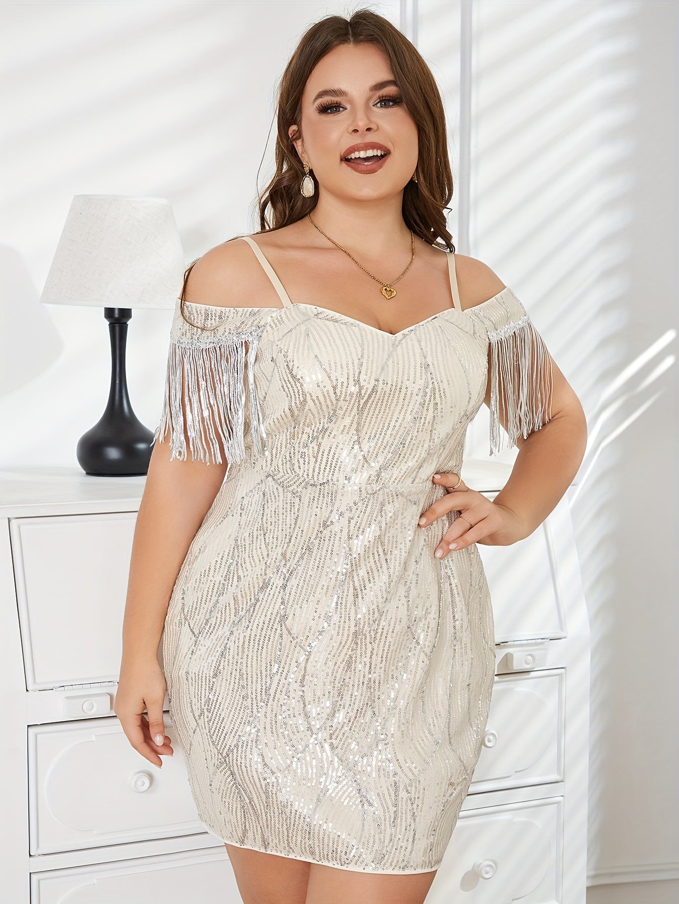 Women's Sequin Tassel Trim Cold Shoulder Midi Dress