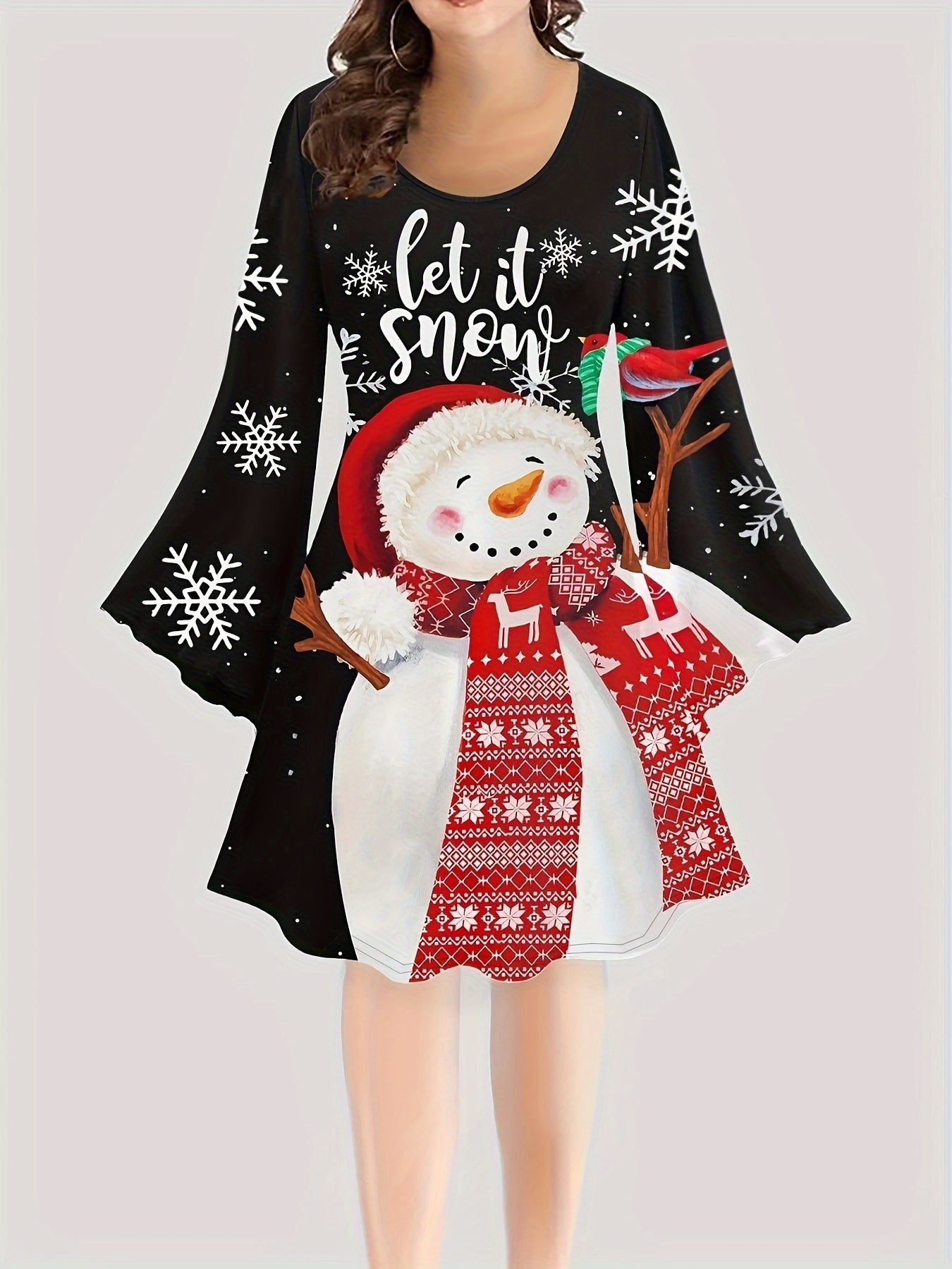 Christmas Snowman Print Long Sleeve Dress