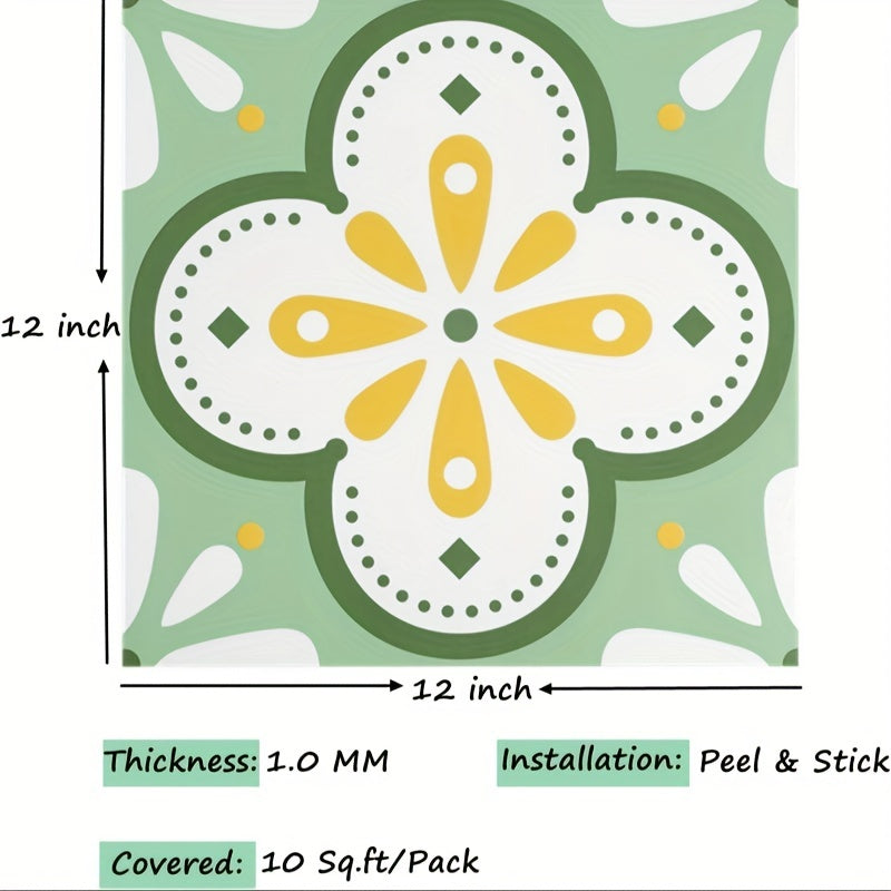 Green Flower Peel and Stick Floor Tile - Set of 15