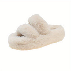 Women's Solid Faux Fur Slippers Plush Platform Shoes