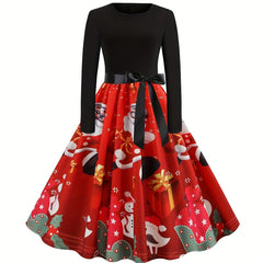  Colorblock Graphic Print Long Sleeve Round Neck Dress