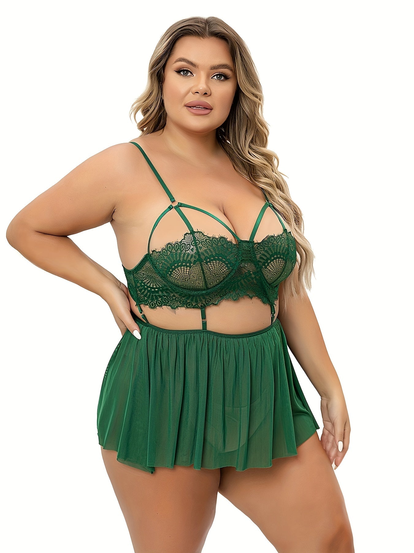  Sexy Dress Women's Plus Solid Pleated Floral Lace Cami Babydoll Dress