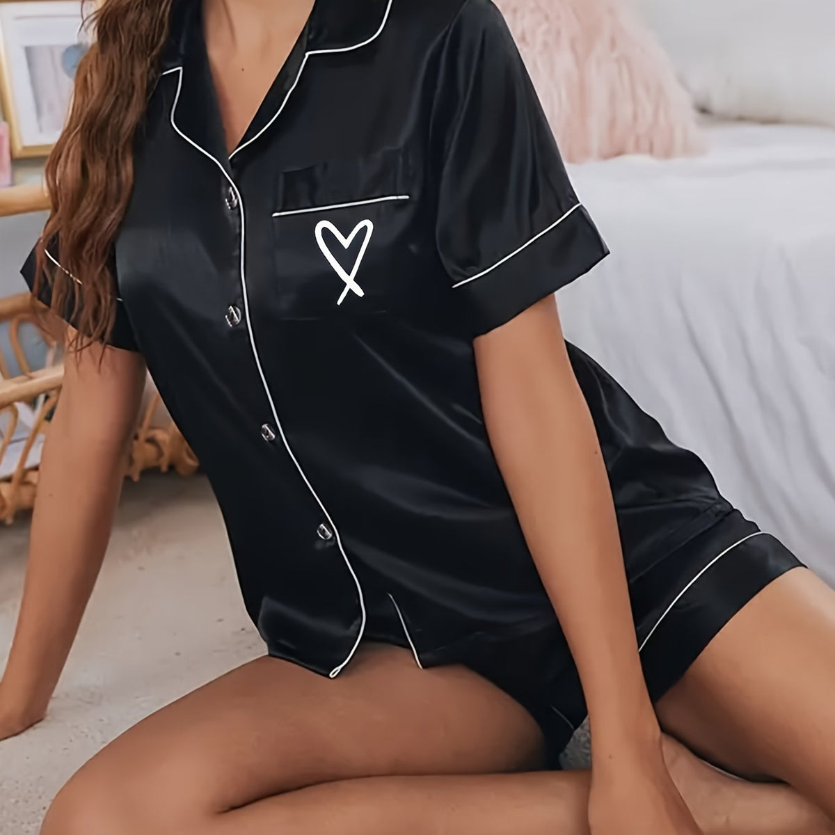 Heart Print Pajama Set Short Sleeve Buttons Top & Elastic Waistband Shorts