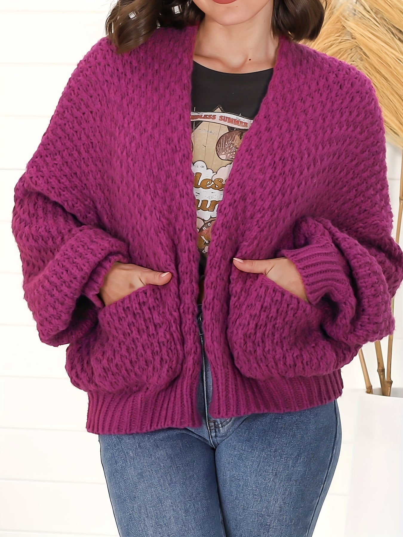  Solid Lantern Sleeve Open Front Chunky Cardigan