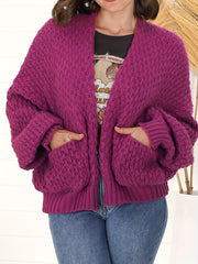  Solid Lantern Sleeve Open Front Chunky Cardigan