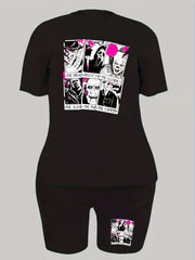  Casual Two Piece Set Women's Plus Figure & Letter Print Tee & Shorts