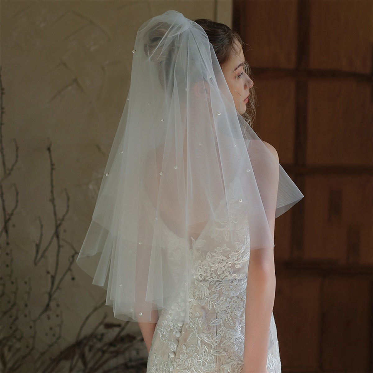 Sheer Lace Wedding Veil with Tulle Train & Headpiece