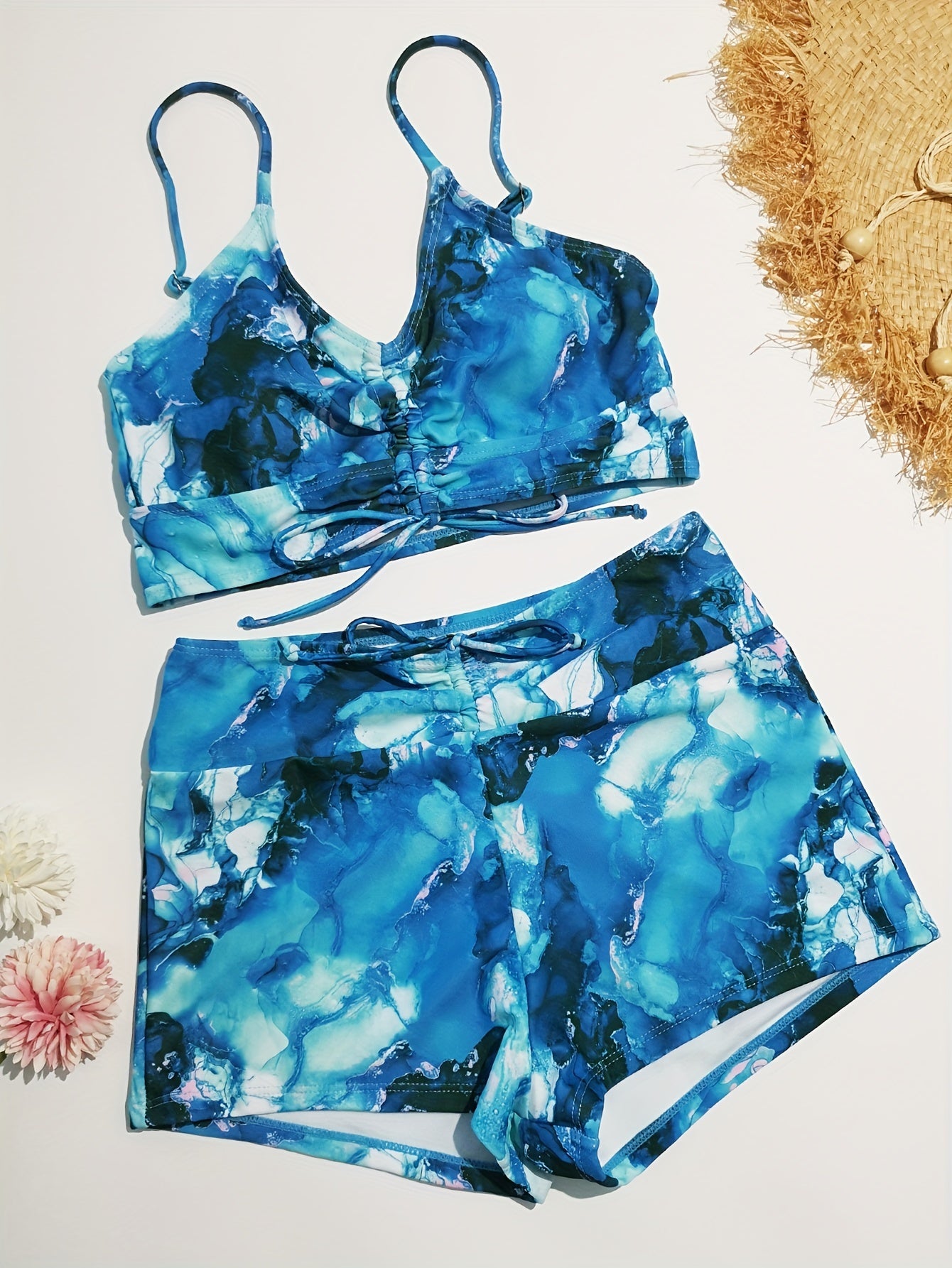 Water Ripples Print Drawstring Bikini Set Swimsuit Women's Swimwear