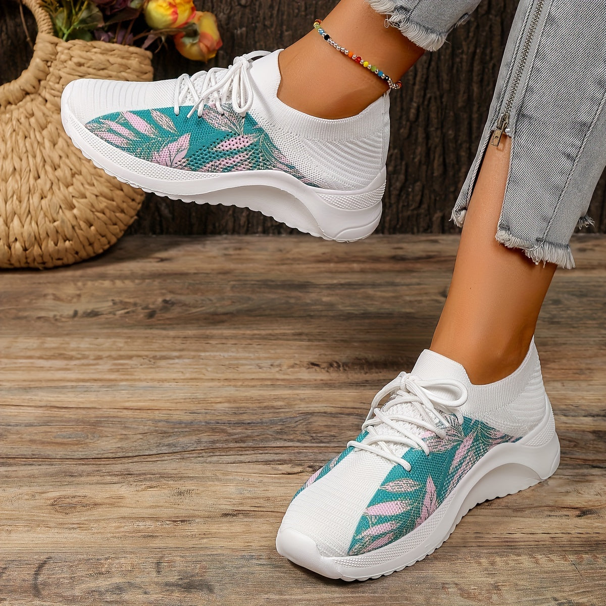 Women's Leaf Print Platform Sneakers Casual Lace Up Outdoor Shoes