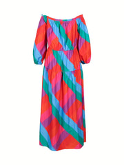  Colorblock Geometric Print Off Shoulder Dress