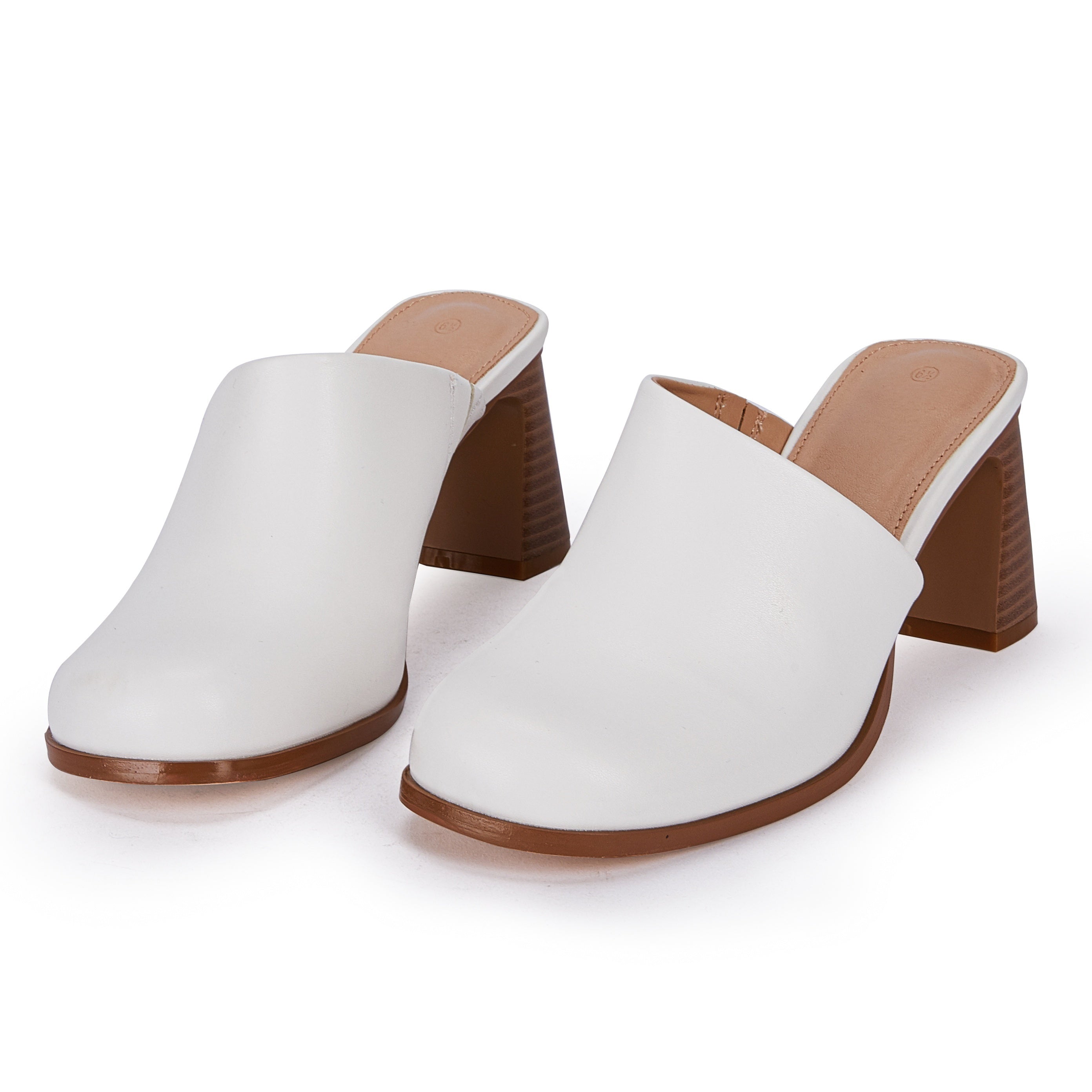 Women's Chunky Heeled Mules Slip On Stacked Heels Faux Leather