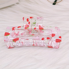 Women Sweet Hair Claw Hollow Rectangle Strawberry Printed Shark Claw Hair Clip