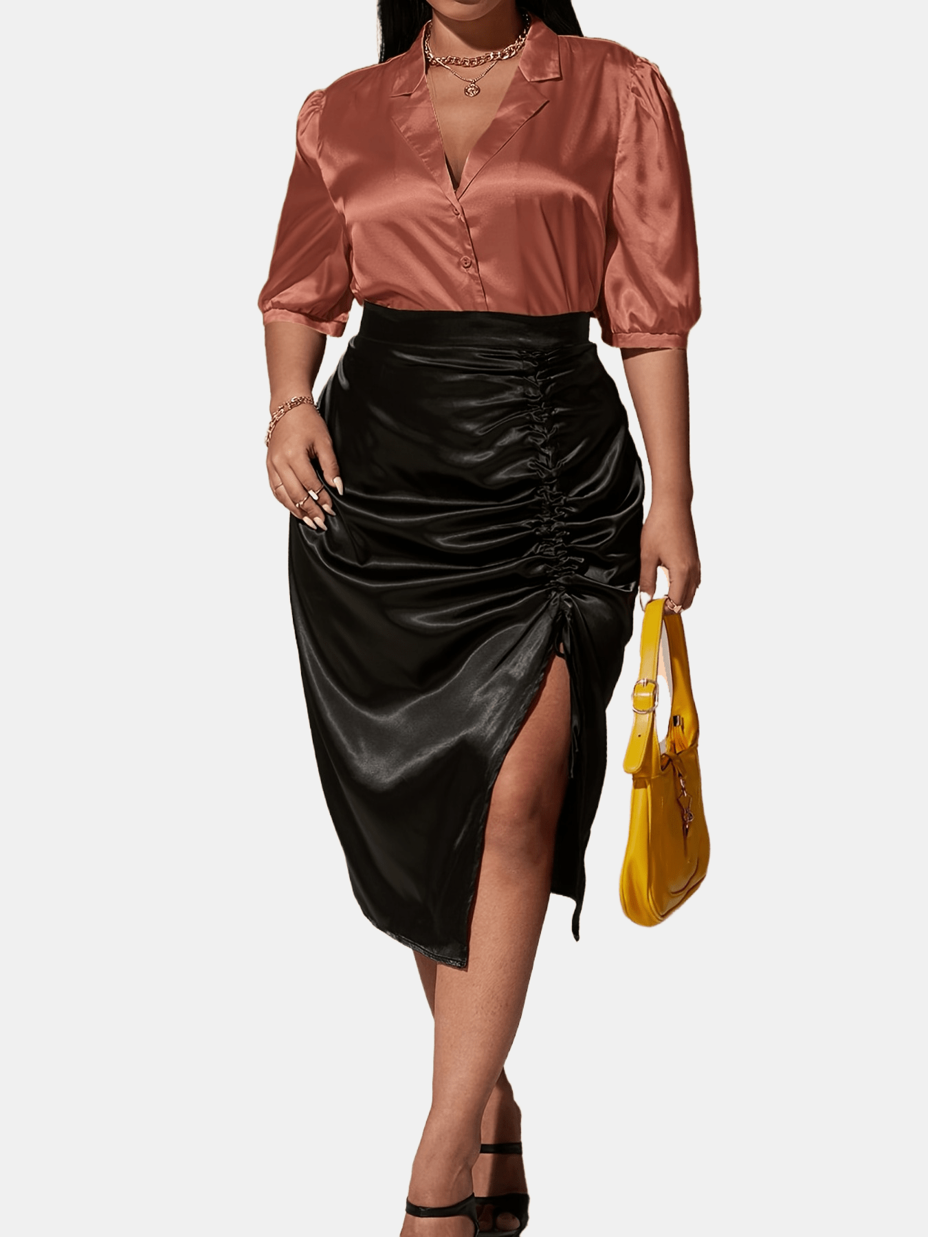  Satin Lapel Collar Short Sleeve Shirt Women's Plus Slight Stretch Shir