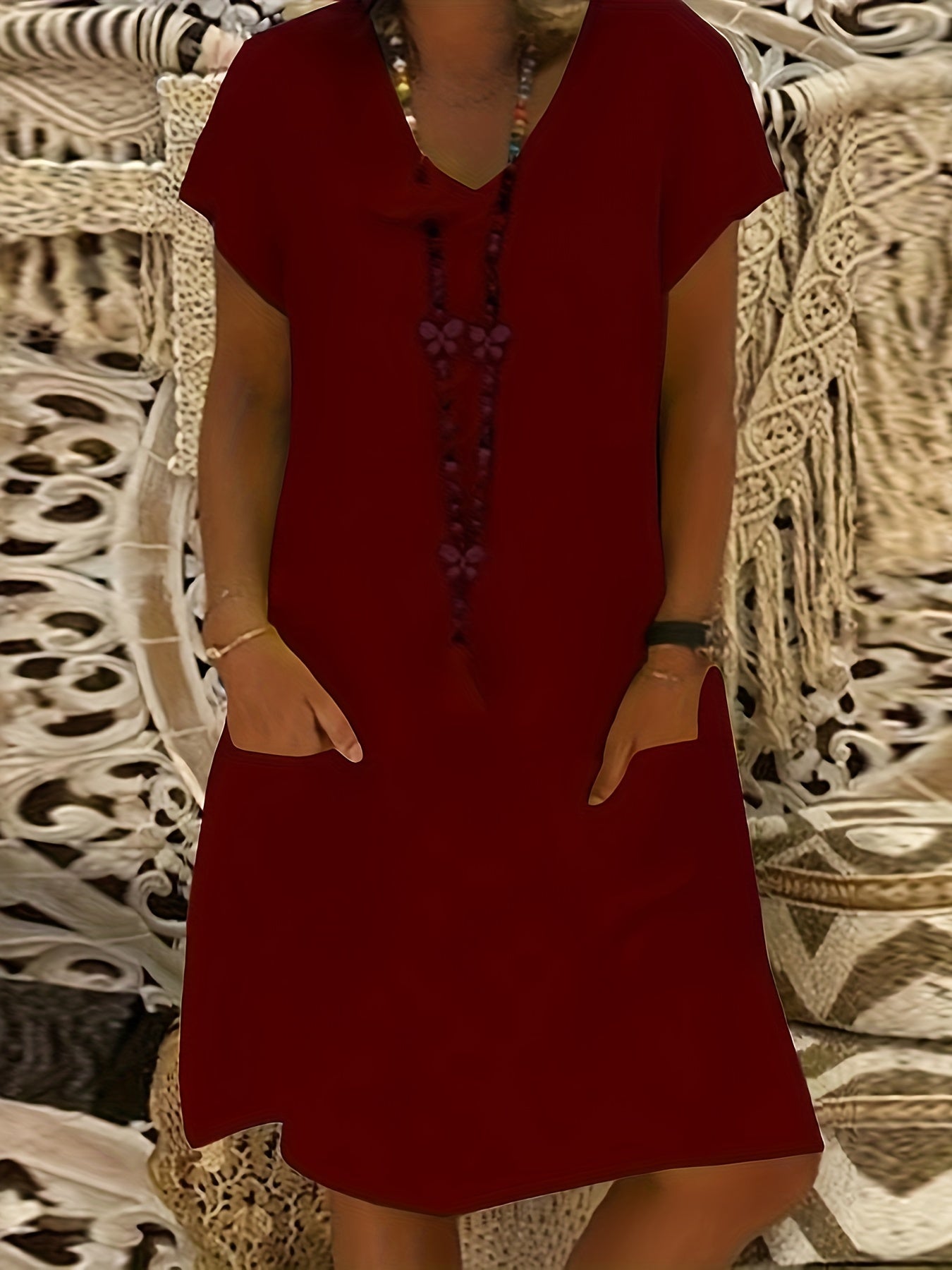  Casual Dress Women's Plus V Neck Short Sleeve Dress With Pockets