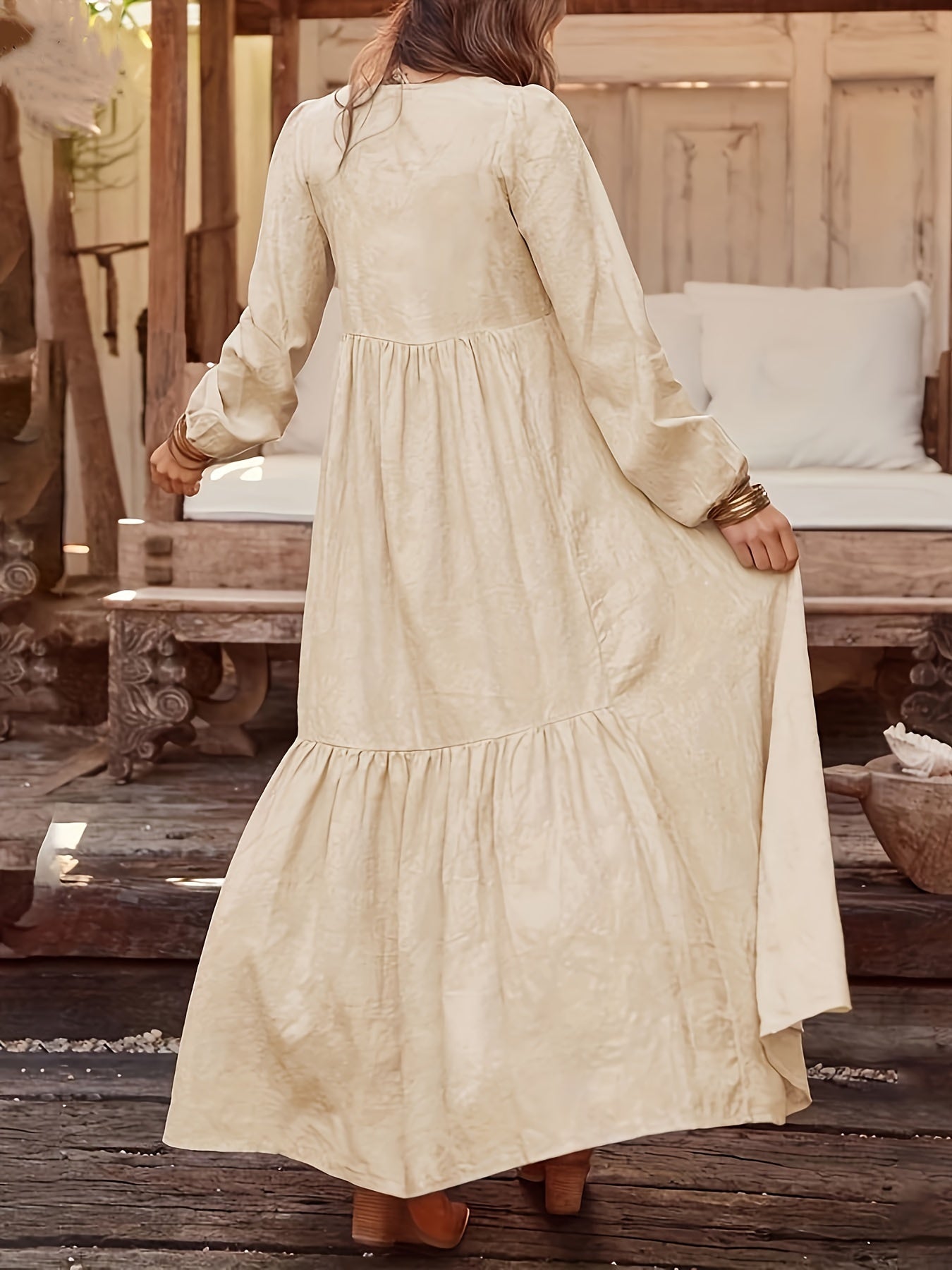  Solid Button Up V Neck Smock Maxi Dress