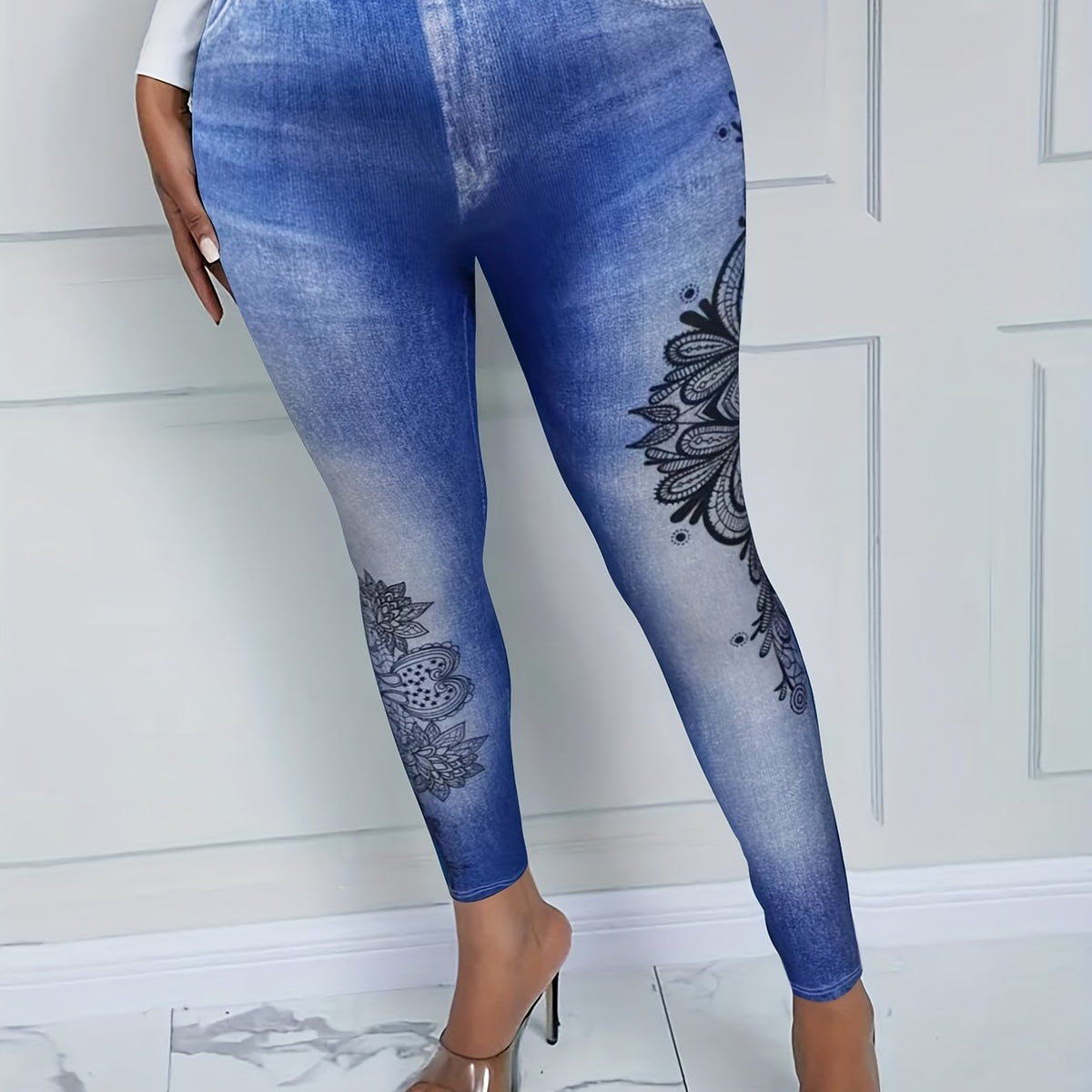  Denim & Floral Print High Rise Leggings
