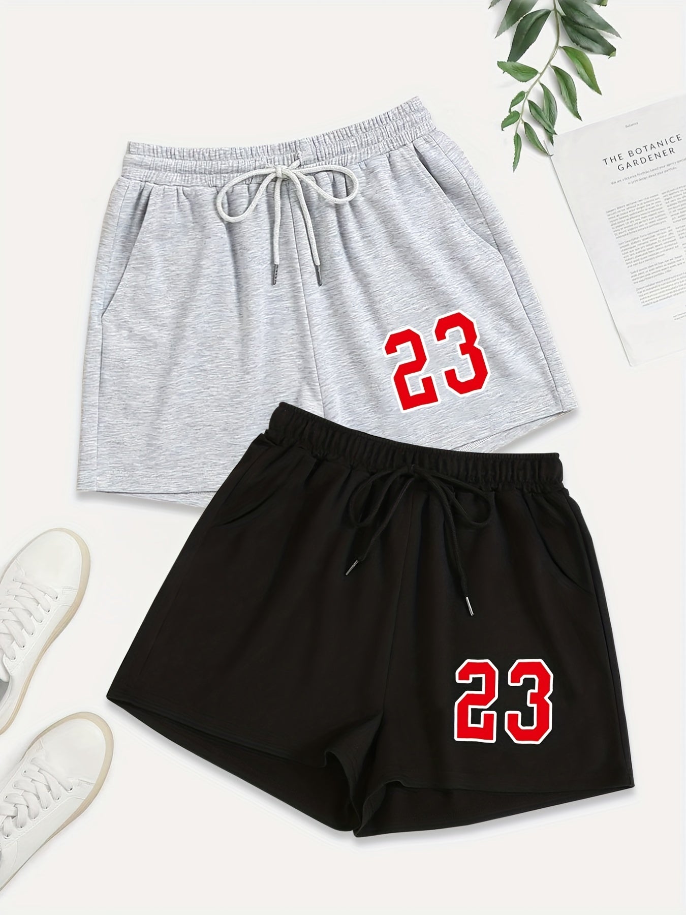 2 Pack Plus Size Sports Shorts Set Women's Plus Number Print Elastic Waist