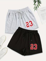 2 Pack Plus Size Sports Shorts Set Women's Plus Number Print Elastic Waist