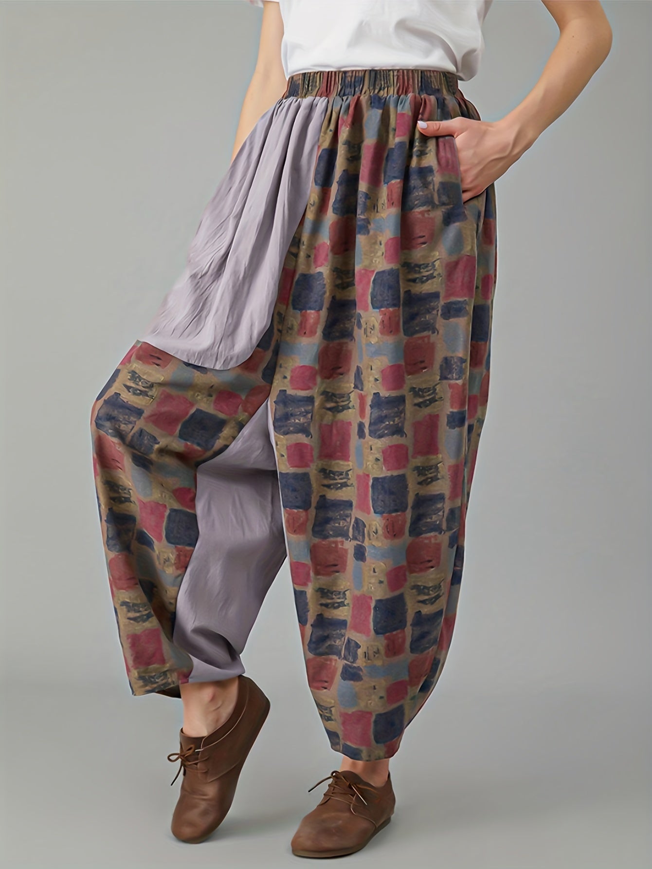  Colorblock Geometric Print Boho Pants Elastic High Rise Loose Fit
