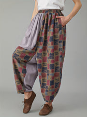  Colorblock Geometric Print Boho Pants Elastic High Rise Loose Fit