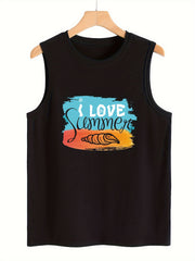 Conch & Letter Pattern Stretchy Sports Vest Round Neck Sleeveless Top