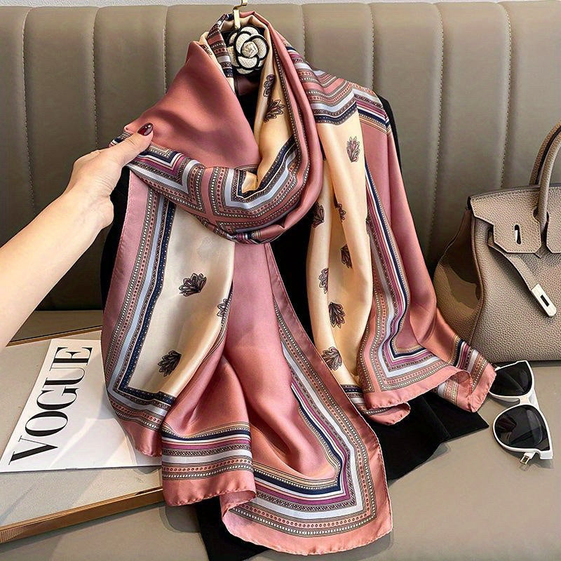 Vintage Pink Block Scarf Satin Shawl Silk Head Wrap