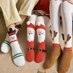 2 Pairs Christmas Fuzzy Socks Elk Cartoon Fleece Warm Sock Santa Claus Socks