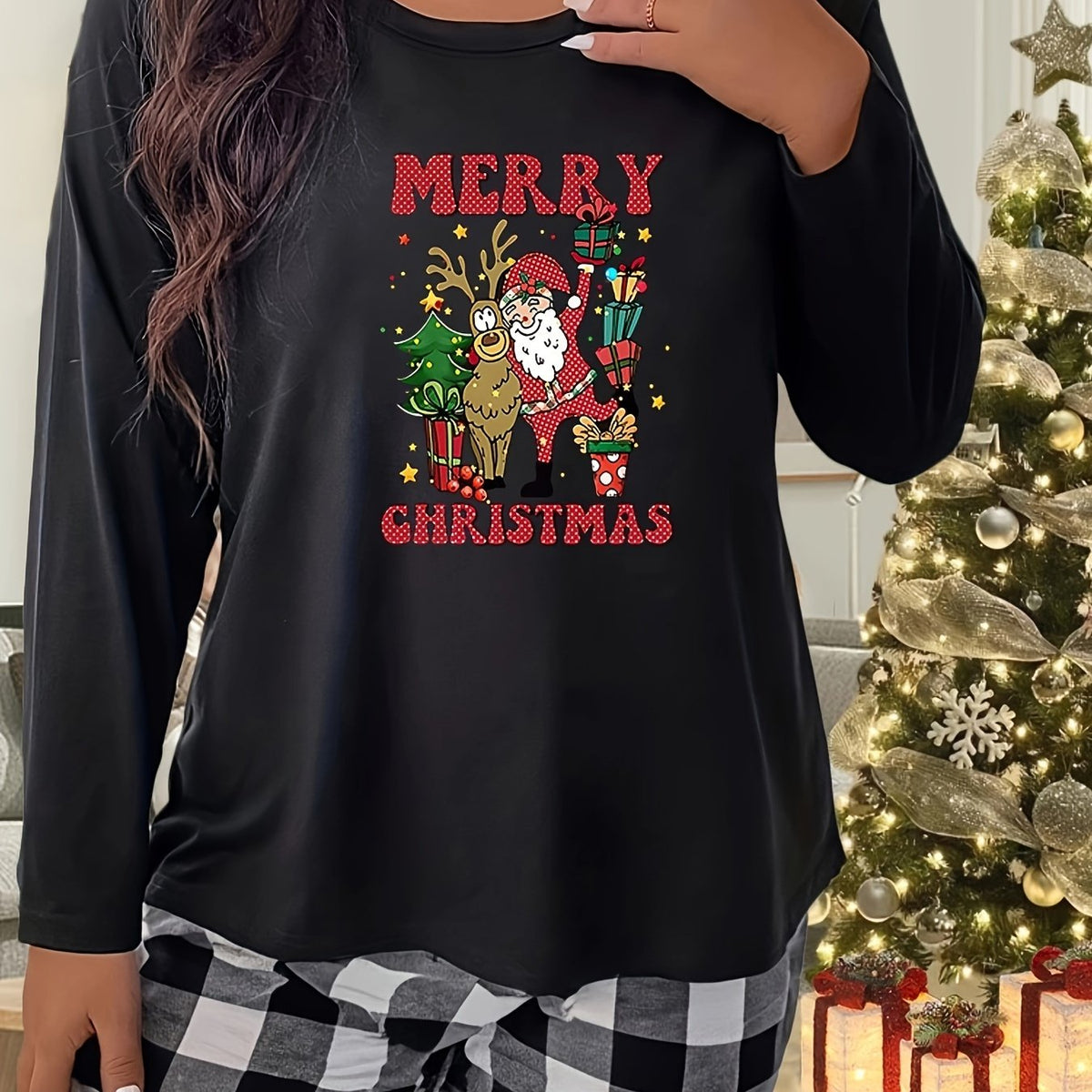  Santa Claus Graphic Long Sleeve Sleepwear Top