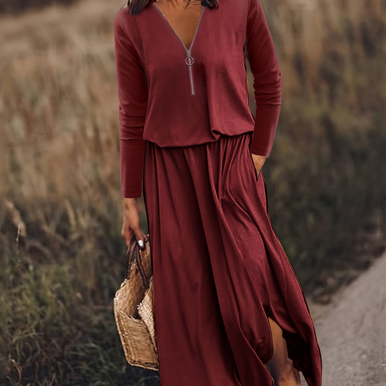  Long Sleeve Half Zipper Maxi Dress