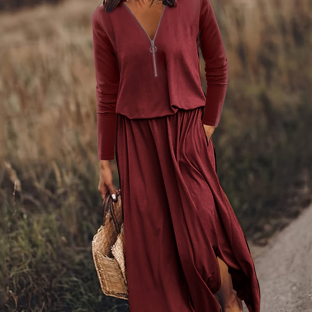  Long Sleeve Half Zipper Maxi Dress