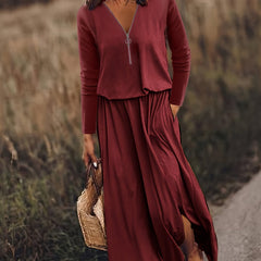  Long Sleeve Half Zipper Maxi Dress